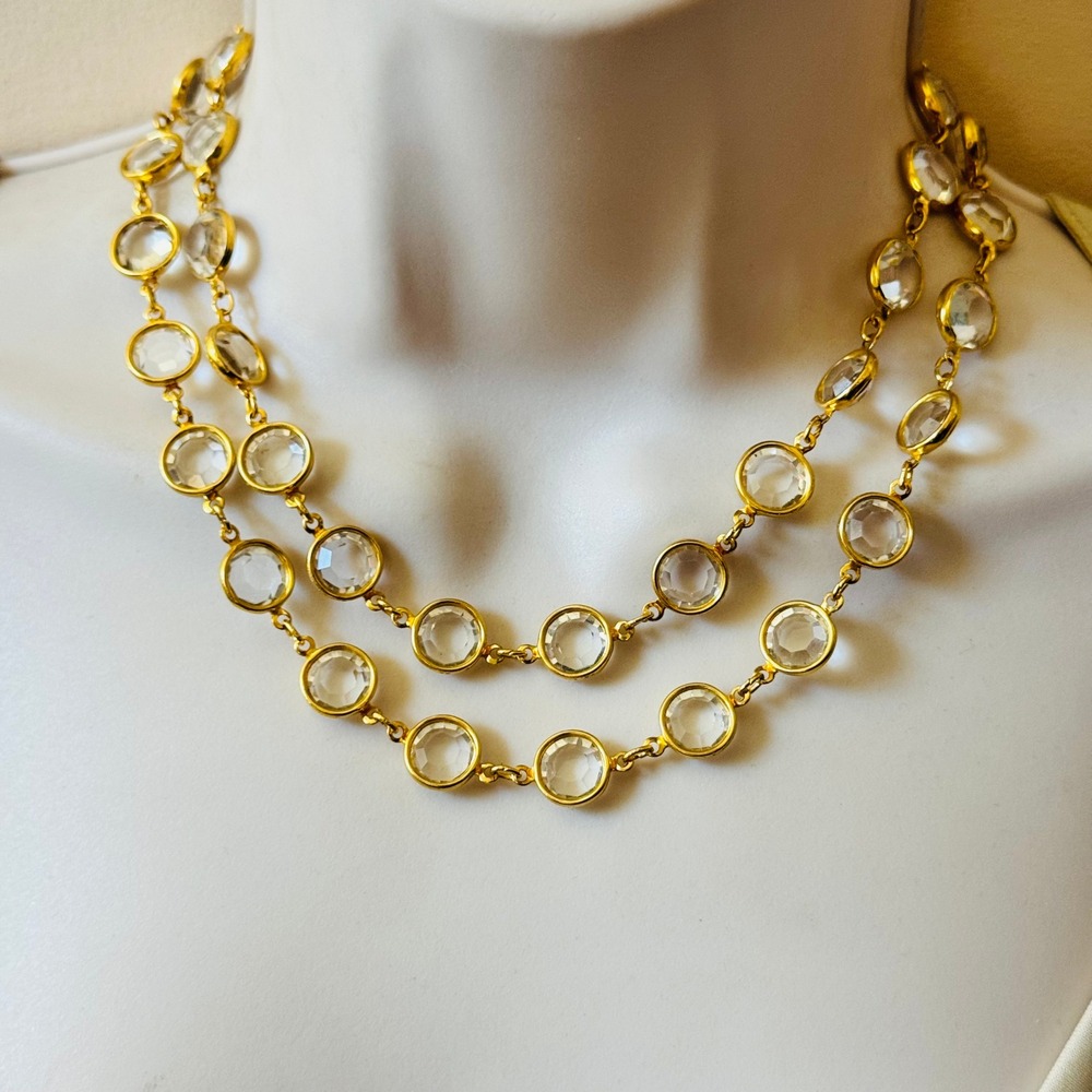 VTG Open Bezel Austrian Clear Crystal Necklace Gold Plated Regal 12mm Strand 35" - Picture 4 of 7